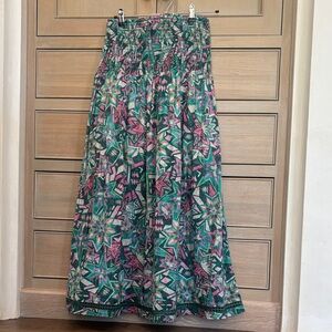 Smocked Waist Floral-Print Maxi Skirt in Green and Pink